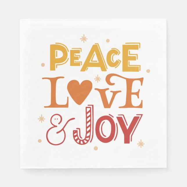 Peace Love Joy. Christmas yellow red lettering Napkins (Front)