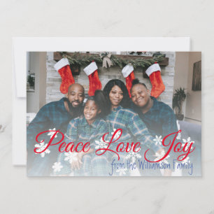 Peace Love Joy Christmas Your Photo Red Script Holiday Card