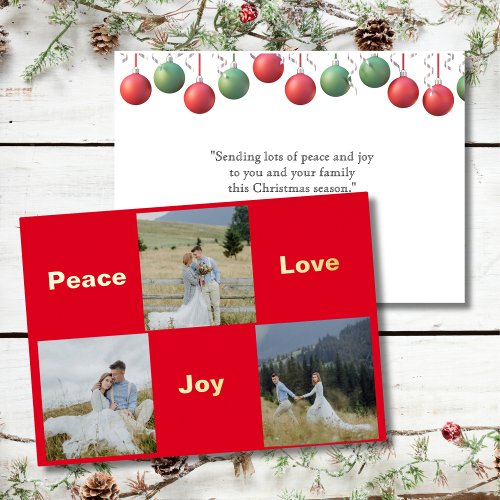 Peace love joy Couples Newlyweds Christmas 3 Photo Foil Holiday Card