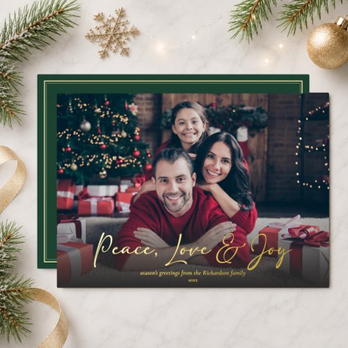 Peace Love Joy Custom Family Photo Christmas Foil Holiday Card