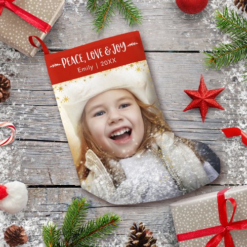 Peace Love Joy Custom Photo Gold Stars Name Year Small Christmas Stocking