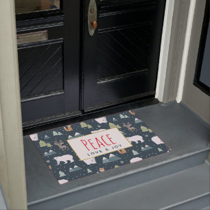 Peace Love & Joy Cute Christmas Animals Pattern Doormat