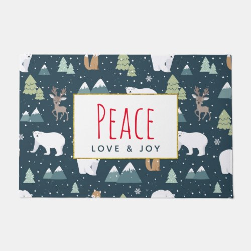 Peace Love  Joy Cute Christmas Animals Pattern Doormat