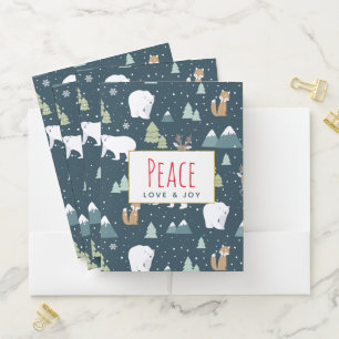 Peace Love & Joy Cute Christmas Animals Pattern Pocket Folder