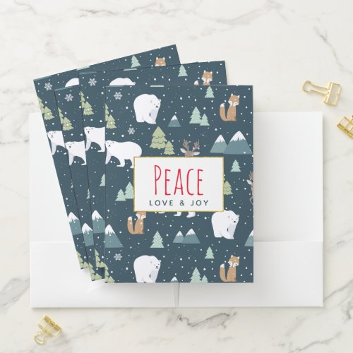 Peace Love  Joy Cute Christmas Animals Pattern Pocket Folder
