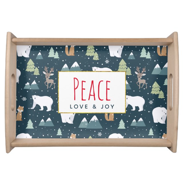 Peace Love & Joy Cute Christmas Animals Pattern Serving Tray (Front)