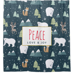 Peace Love & Joy Cute Christmas Animals Pattern Shower Curtain