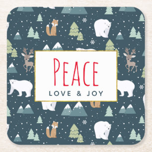 Peace Love & Joy Cute Christmas Animals Pattern Square Paper Coaster