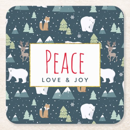 Peace Love  Joy Cute Christmas Animals Pattern Square Paper Coaster