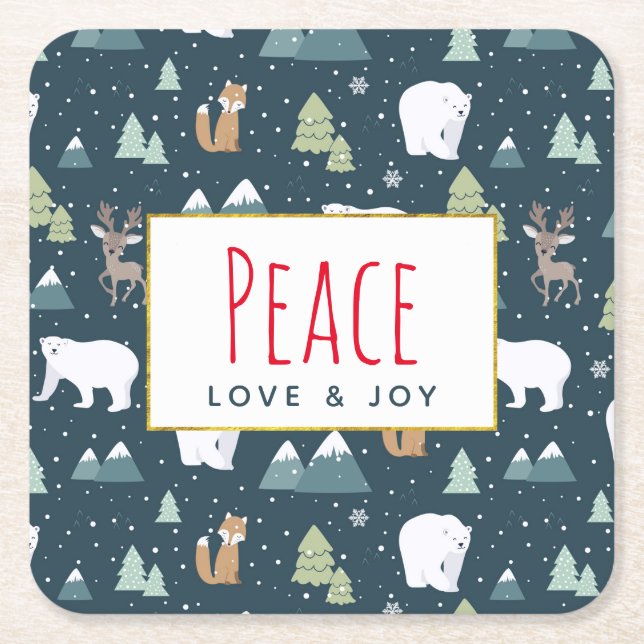 Peace Love & Joy Cute Christmas Animals Pattern Square Paper Coaster (Front)