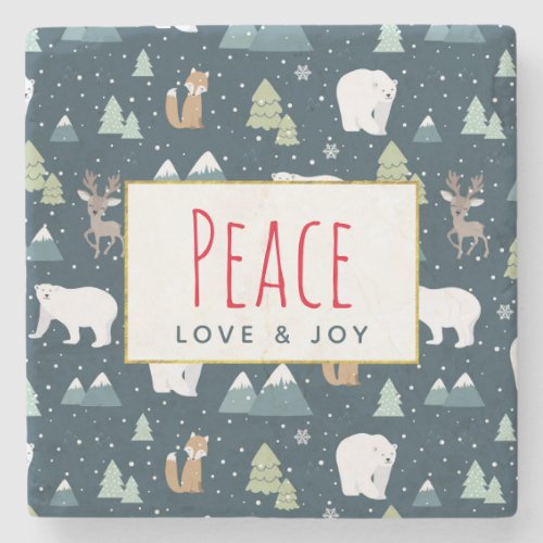 Peace Love  Joy Cute Christmas Animals Pattern Stone Coaster