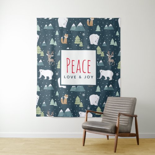 Peace Love  Joy Cute Christmas Animals Pattern Tapestry