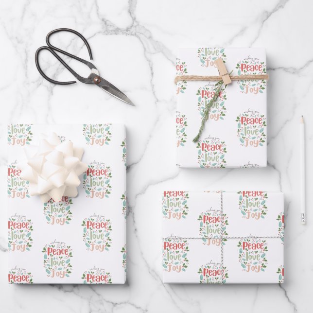 Peace Love Joy Cute Modern Christmas Wrapping Paper Sheets (Front)