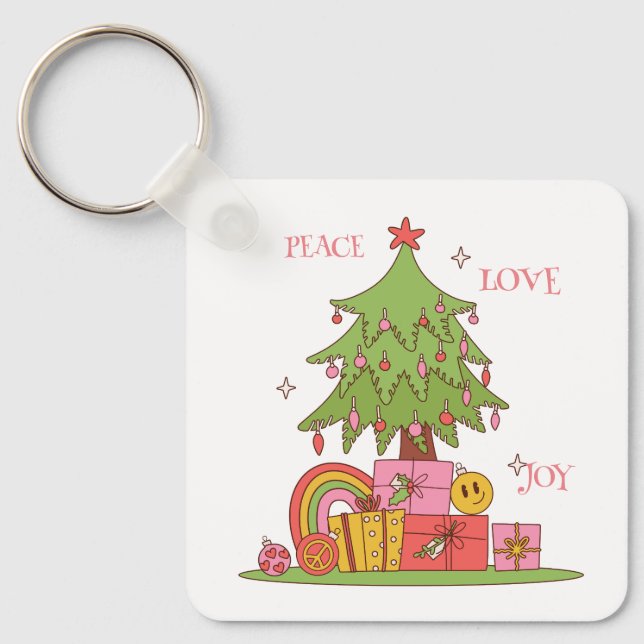 Peace, Love & Joy - Cute Retro Christmas Tree  Keychain (Front)