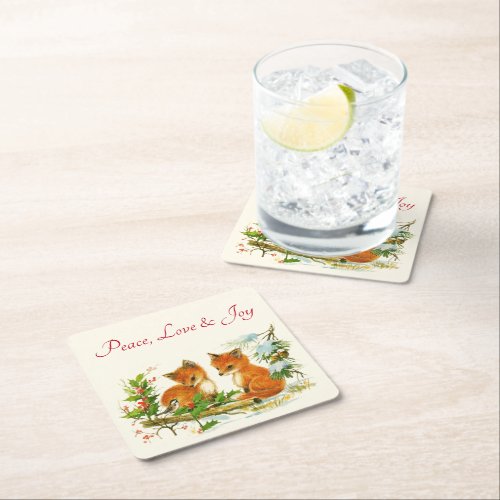 Peace Love  Joy Cute Vintage Foxes Christmas Square Paper Coaster