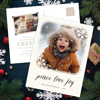 Peace Love Joy Elegant Snowflakes Frame Chic Photo Holiday Postcard by fat_fa_tin at Zazzle