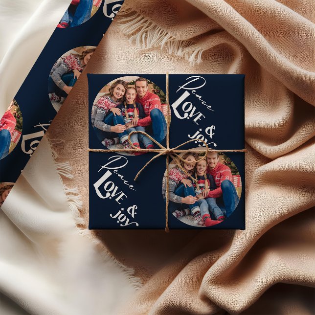 Peace Love Joy Elegant Typography Blue Photo Wrapping Paper (Photo Wrapping Paper - Peace Love and Joy)