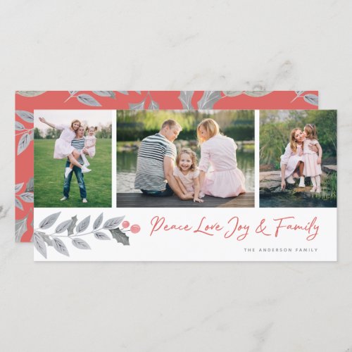 Peace Love Joy Family Floral 3 Photo Collage Holiday Card