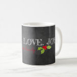 Peace Love Joy Family Name Holly Chalkboard  Coffee Mug<br><div class="desc">Modern Typography on black chalkboard background. Custom PEACE. LOVE. JOY. in white, custom THE NAME FAMILY in red. Holly accent. Easy to personalize text, text color, font. Great Holiday Decor for ANY Christmas Gathering, Person, Family, Hostess Gift, Event. Festive, Colorful, Timeless. Mix and match entire Holiday / Christmas / Typography...</div>