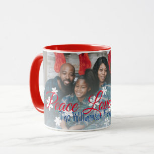 Peace Love Joy Family Photo Red White Snowflake Mug