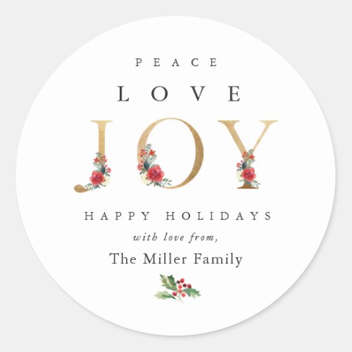 Peace Love Joy Festive Winter Floral Berries  Classic Round Sticker