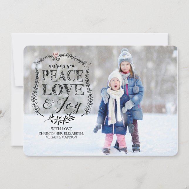 Peace Love & Joy Flat Christmas Holiday Photo Card (Front)