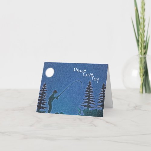 Peace Love Joy  Fly Fisherman in Snow Holiday Card