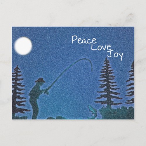 Peace Love Joy  Fly Fisherman in Snow Holiday Postcard