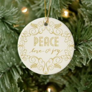 Peace Love & Joy Foliage Deco Frame Photo Holiday Ceramic Ornament