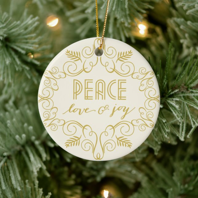 Peace Love & Joy Foliage Deco Frame Photo Holiday Ceramic Ornament (Tree)