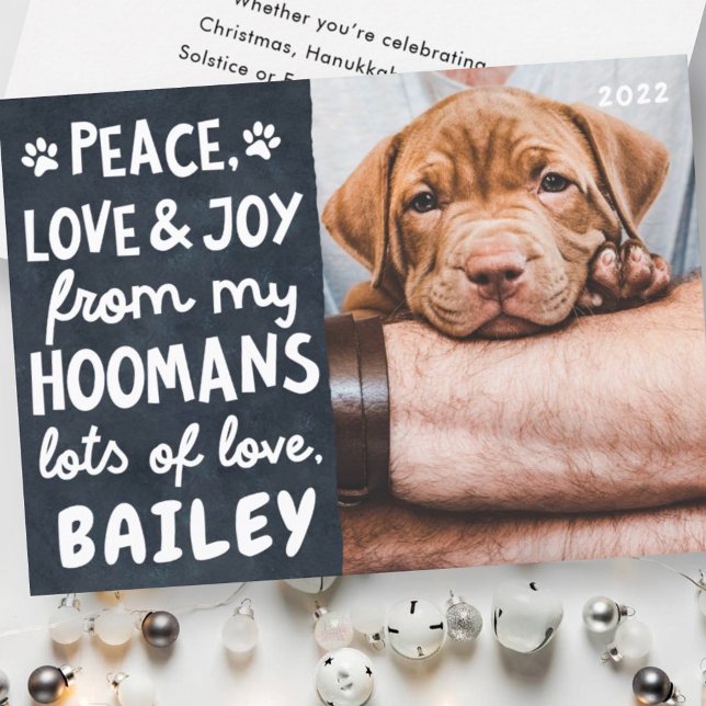 Peace Love & Joy Funny Modern Pet Custom Photo Holiday Card (Creator Uploaded)