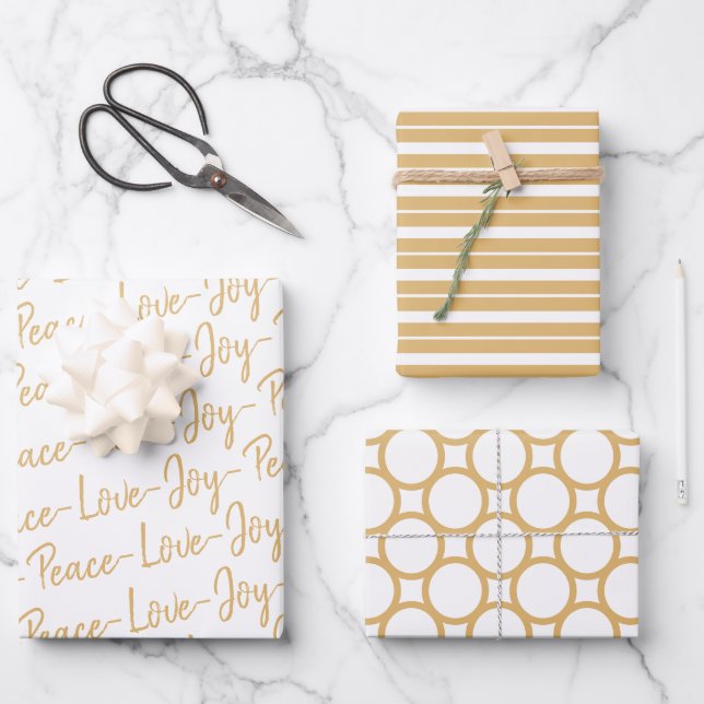 Peace, Love, Joy Gold and White Christmas Wrapping Paper Sheets (Front)