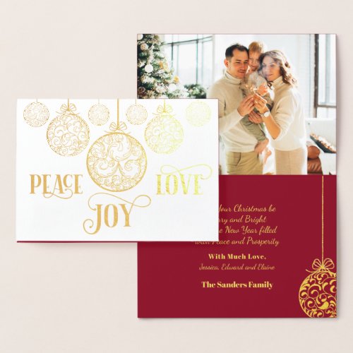 Peace Love Joy Gold Burgundy Christmas Photo   Foil Card