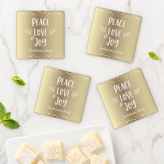 Peace Love Joy Gold Foil Ombre Modern Typography Coaster Set (In Situ)