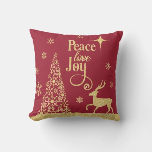 Peace Love Joy Gold Glitter Red Christmas Tree  Throw Pillow
