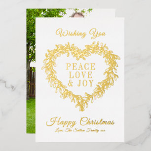 Peace, love joy gold mistletoe heart Christmas Foil Holiday Card