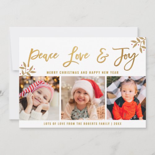 PEACE LOVE JOY  gold script christmas Holiday Card