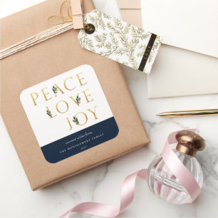 Peace Love Joy Golden Botanical Holiday Square Sticker