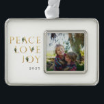 Peace Love Joy Golden Photo Christmas Ornament<br><div class="desc">PEACE LOVE JOY,  photo holiday ornament. Gold faux foil lettering adorned with elegant watercolor branches. Single photo template.</div>