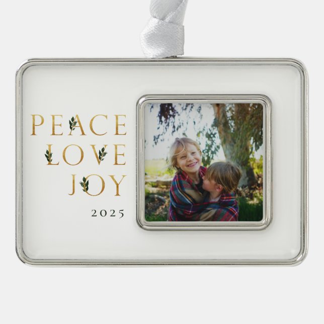 Peace Love Joy Golden Photo Christmas Ornament (Front)