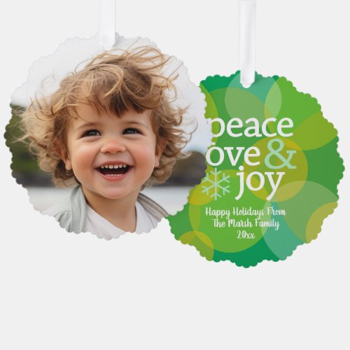 Peace Love Joy Green Bokeh _ Christmas Photo Ornament Card