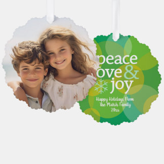 Peace Love Joy Green Bokeh - Christmas Photo Ornament Card