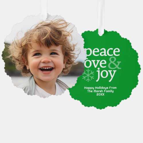 Peace Love Joy Green _ Christmas Photo Ornament Card