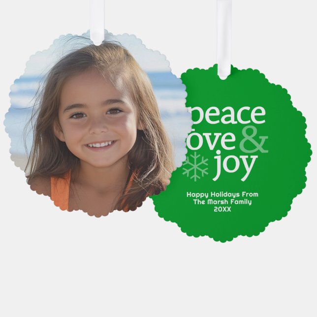 Peace Love Joy Green - Christmas Photo Ornament Card (Front/Back)