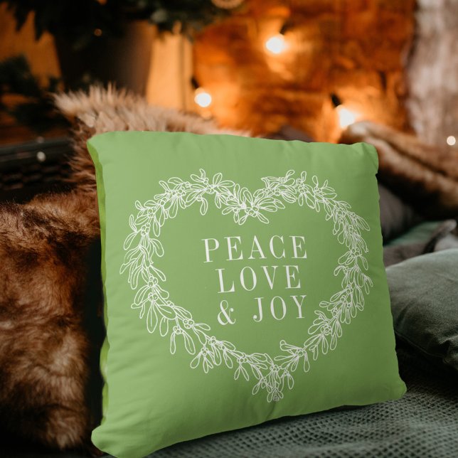 Peace, love joy green mistletoe Christmas green Throw Pillow (Creator Uploaded)