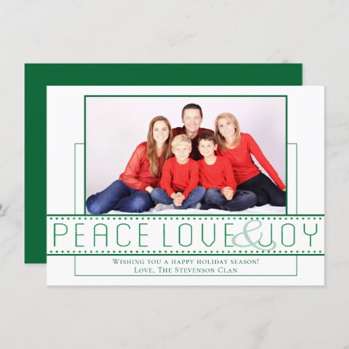 Peace Love Joy  Green Modern Minimalist Photo Holiday Card