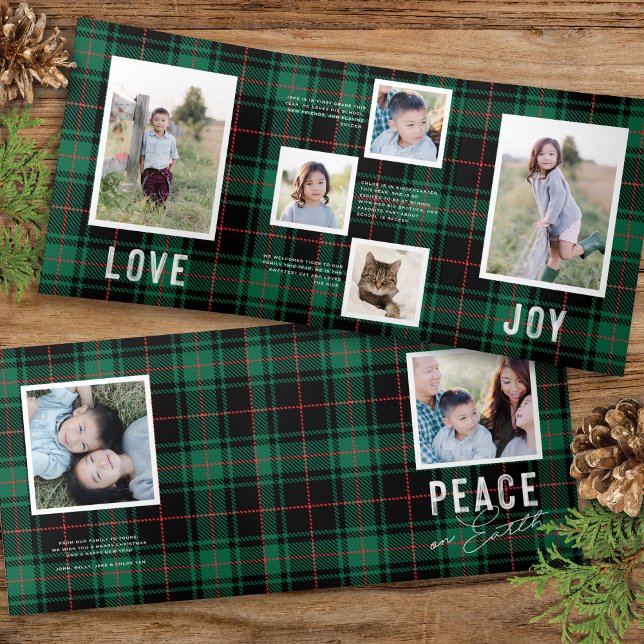 PEACE LOVE JOY Green Tartan Holiday Photo Card (Creator Uploaded)