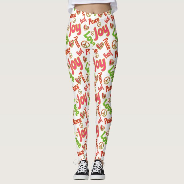Peace Love Joy Hippie Boho Retro Christmas Holiday Leggings (Front)