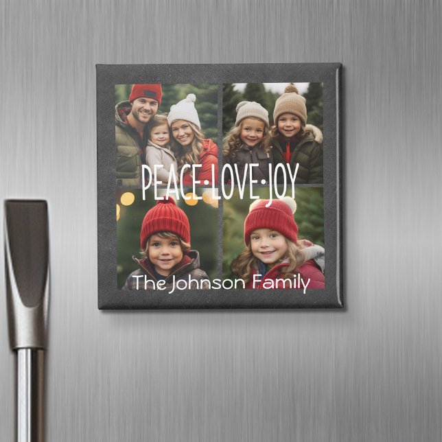 Peace Love Joy Holiday Chalkboard Photo Collage Magnet (Personalized fridge magnet with photos and custom text)