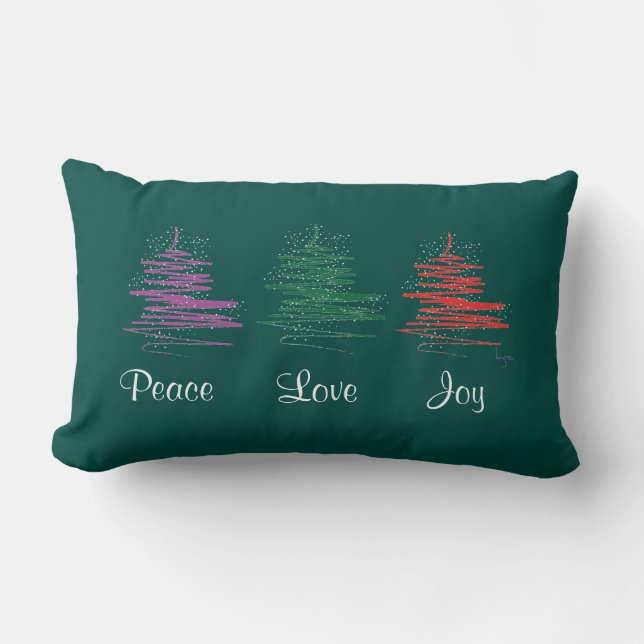 Peace, Love, Joy, Holiday Modern Green Lumbar Pillow (Front)